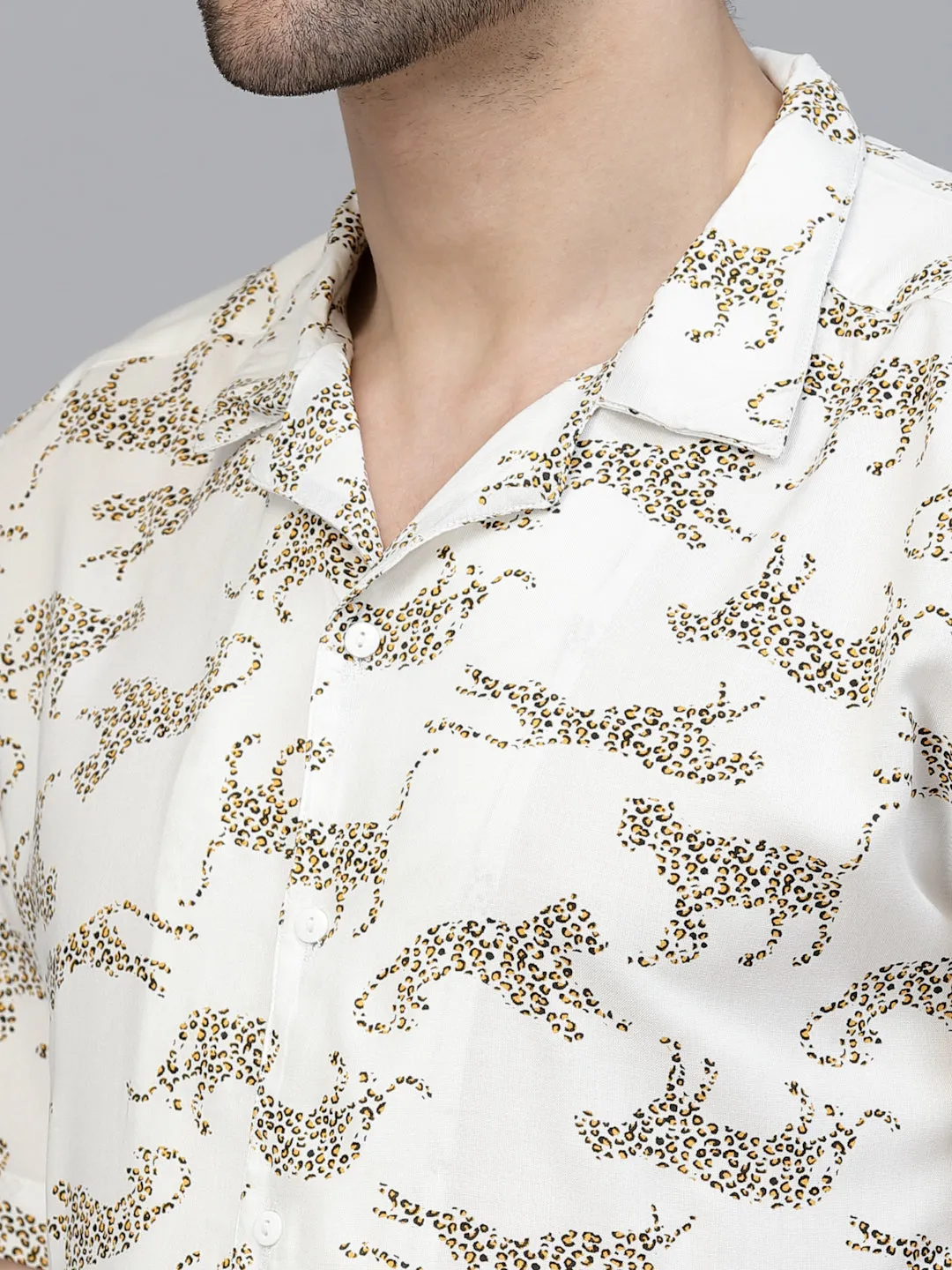 Cheetah Printed Half Sleeves Rayon Shirt With Cuban Collar