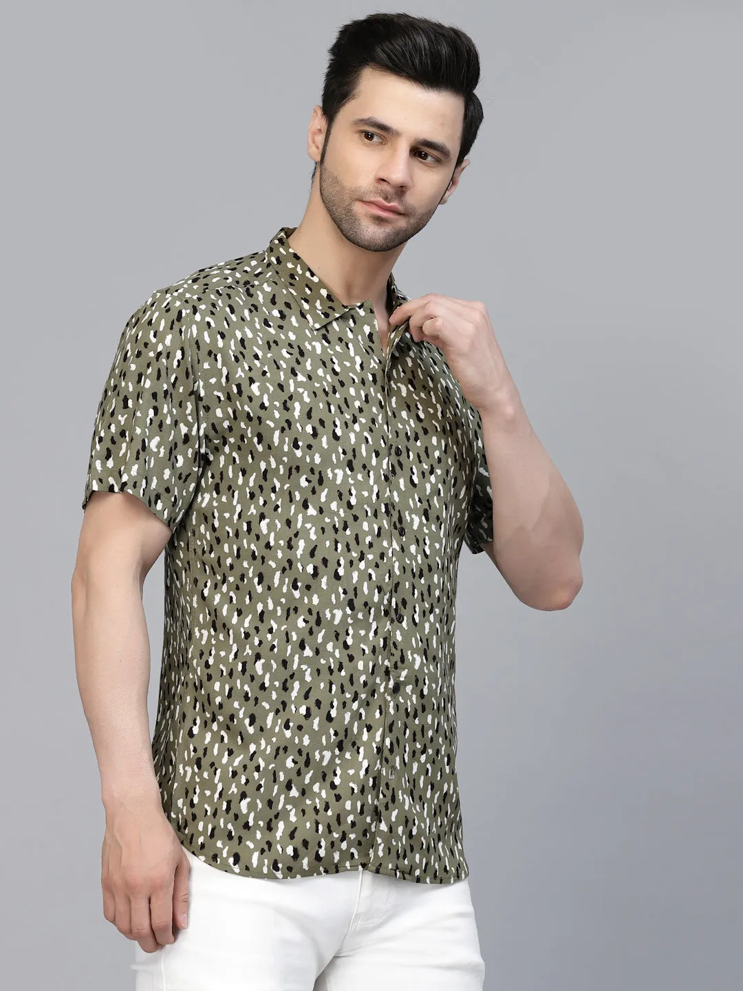 Cheetah Printed Half Sleeves Rayon Shirt With Cuban Collar