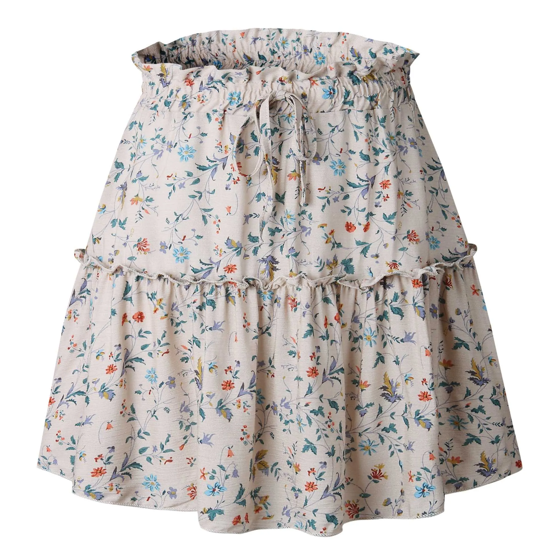 Classic Tie Front High Waisted Elastic Waist Ruffle Skirt