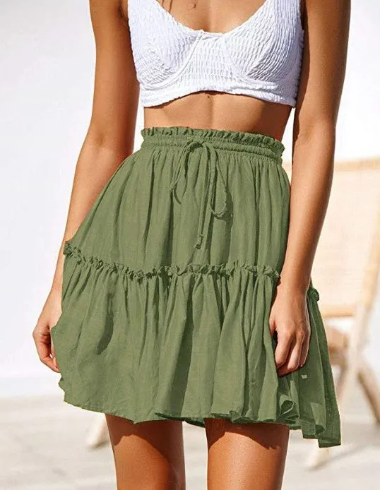 Classic Tie Front High Waisted Elastic Waist Ruffle Skirt