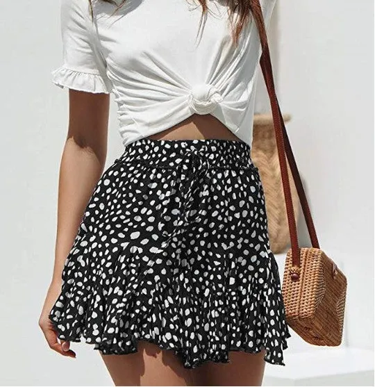 Classic Tie Front High Waisted Elastic Waist Ruffle Skirt