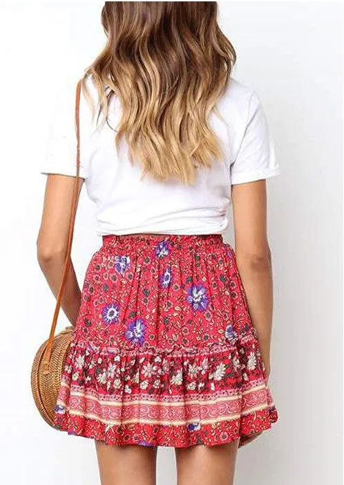 Classic Tie Front High Waisted Elastic Waist Ruffle Skirt