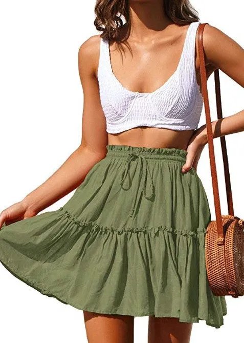 Classic Tie Front High Waisted Elastic Waist Ruffle Skirt