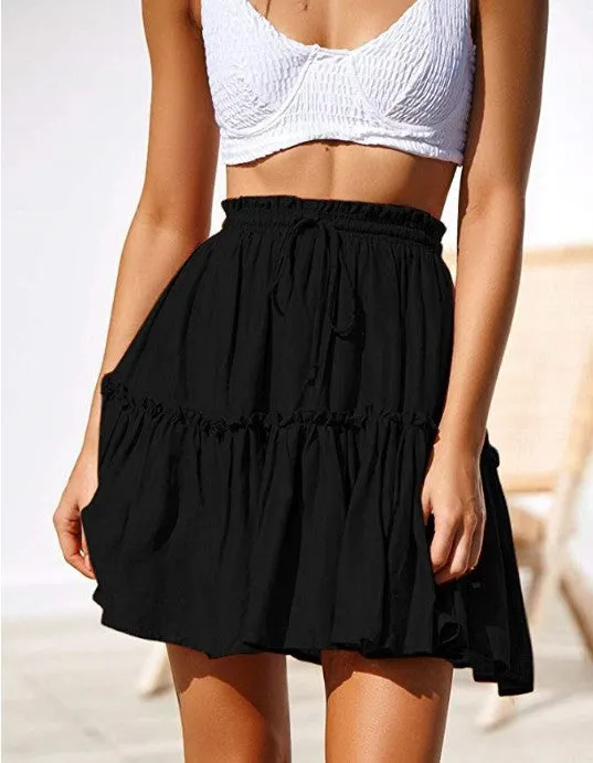 Classic Tie Front High Waisted Elastic Waist Ruffle Skirt