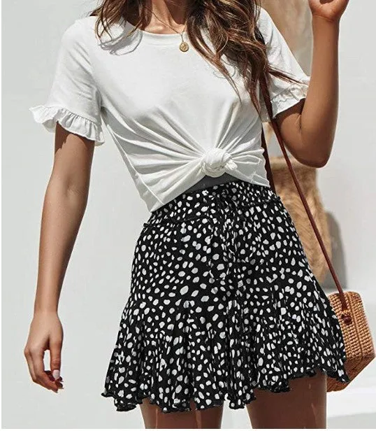 Classic Tie Front High Waisted Elastic Waist Ruffle Skirt