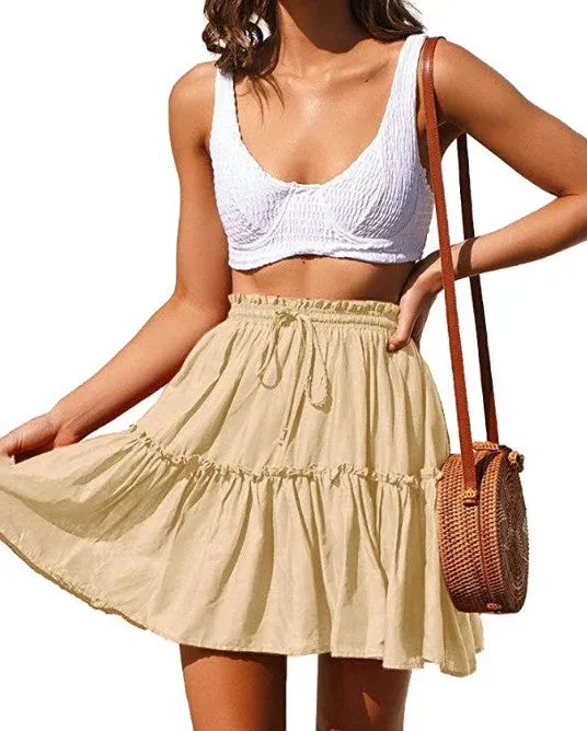 Classic Tie Front High Waisted Elastic Waist Ruffle Skirt