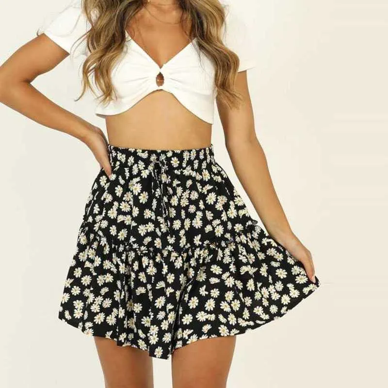 Classic Tie Front High Waisted Elastic Waist Ruffle Skirt