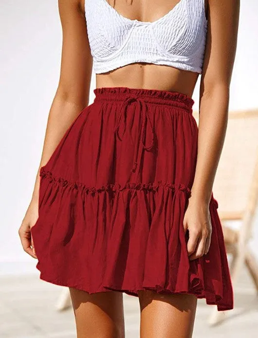 Classic Tie Front High Waisted Elastic Waist Ruffle Skirt