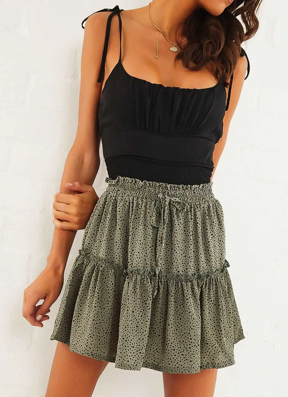 Classic Tie Front High Waisted Elastic Waist Ruffle Skirt