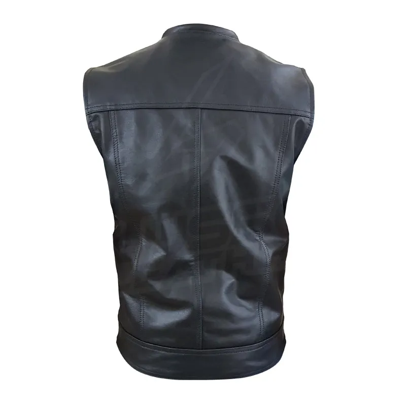 Collarless "Club Rider" Motorcycle leather Vest with zippered lining for patches