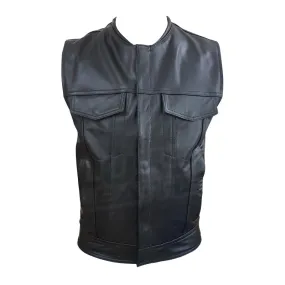 Collarless "Club Rider" Motorcycle leather Vest with zippered lining for patches