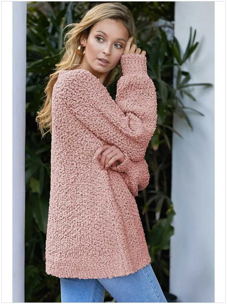 Comfy Oversized V Neck Popcorn Sweater Pullover