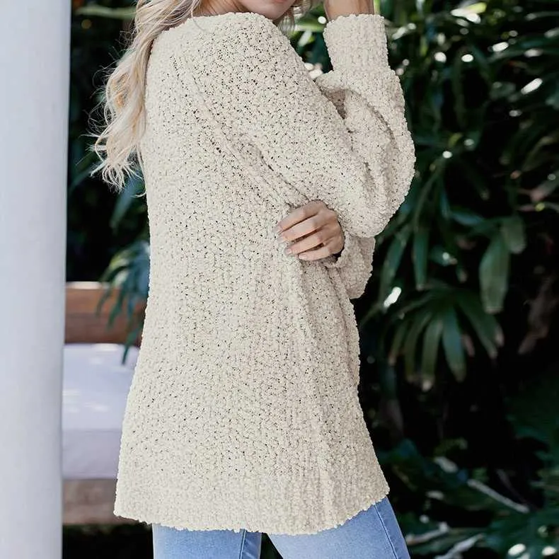 Comfy Oversized V Neck Popcorn Sweater Pullover