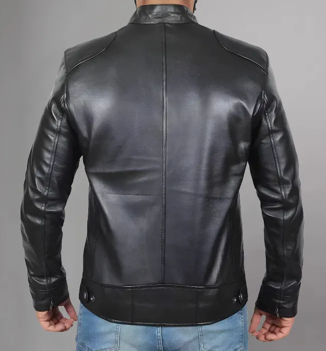 Dodge Mens Black Cafe Racer Leather Jacket