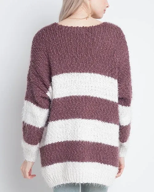 Dreamers - Striped Fuzzy Pullover in Dark Plum/Ivory