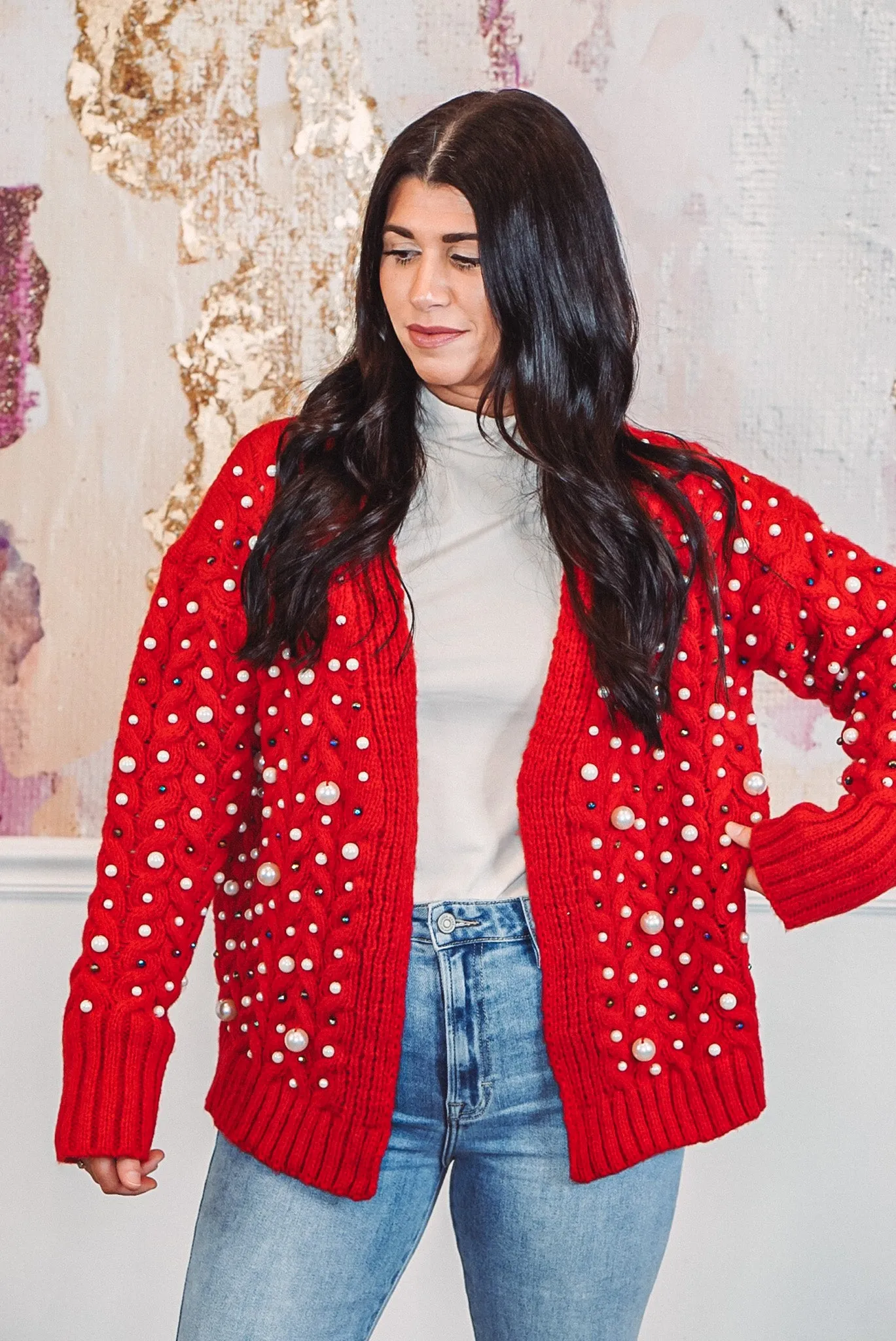 Embellished Pearl Red Knit Cardigan