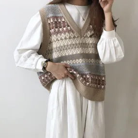 European Retro Aztec Pattern Knitted Vest Sleeveless Sweater