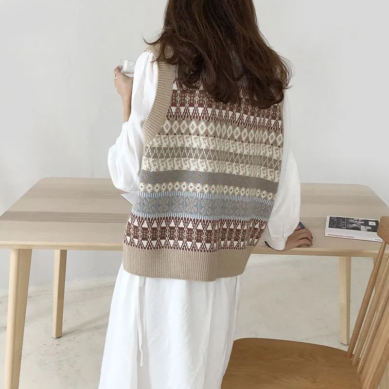 European Retro Aztec Pattern Knitted Vest Sleeveless Sweater