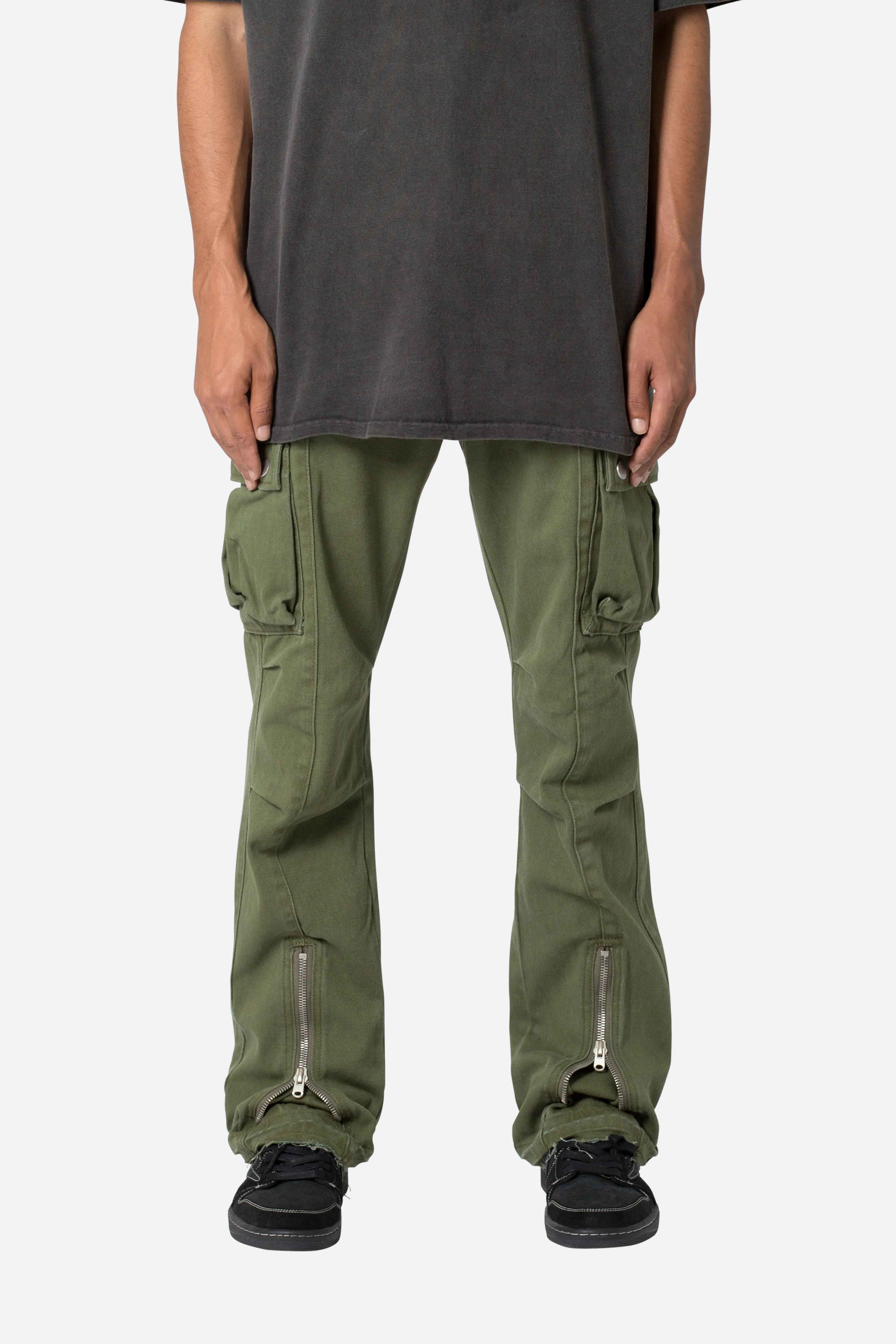 Front Zip Flare Cargo Pants - Olive