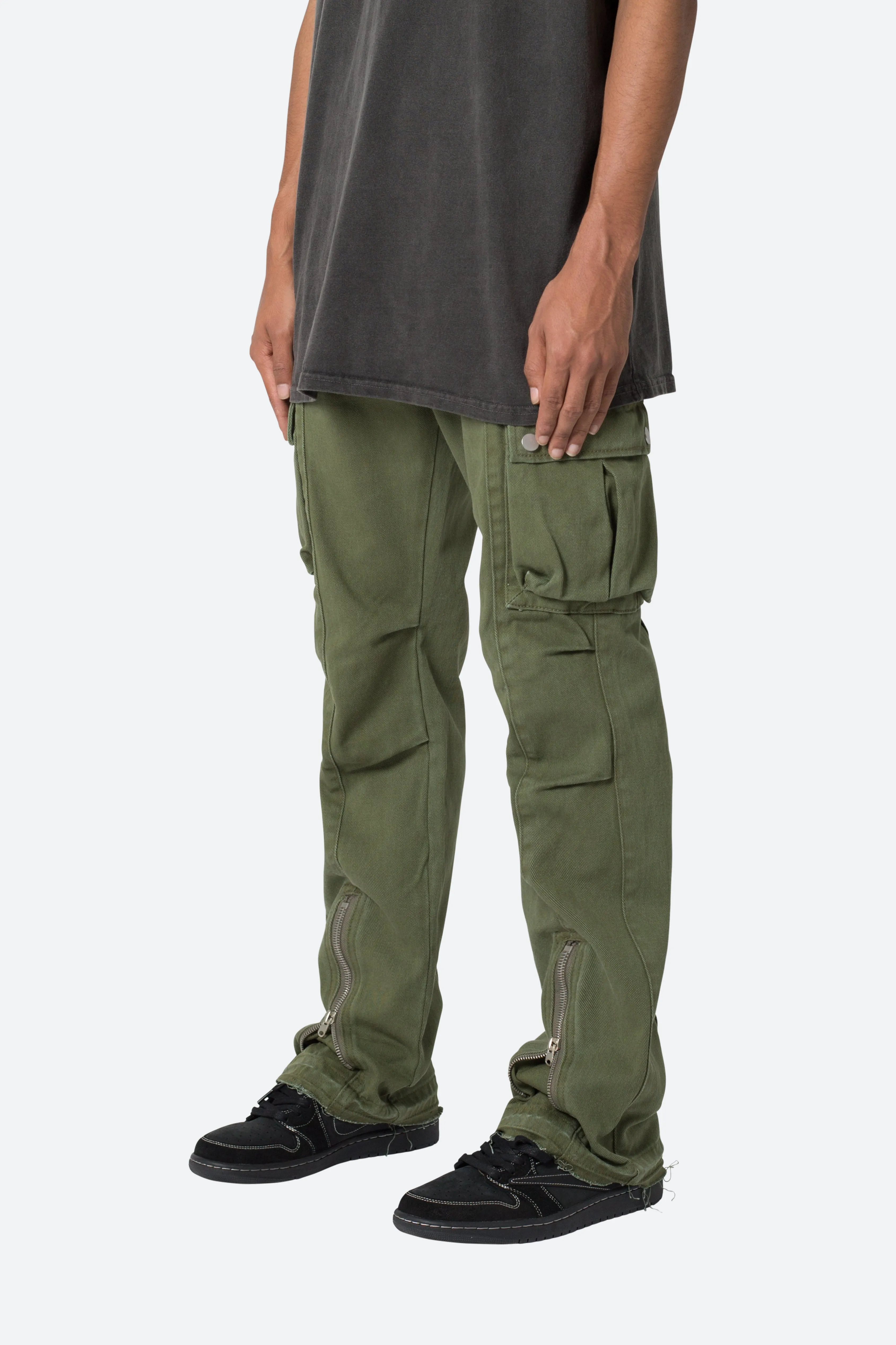 Front Zip Flare Cargo Pants - Olive