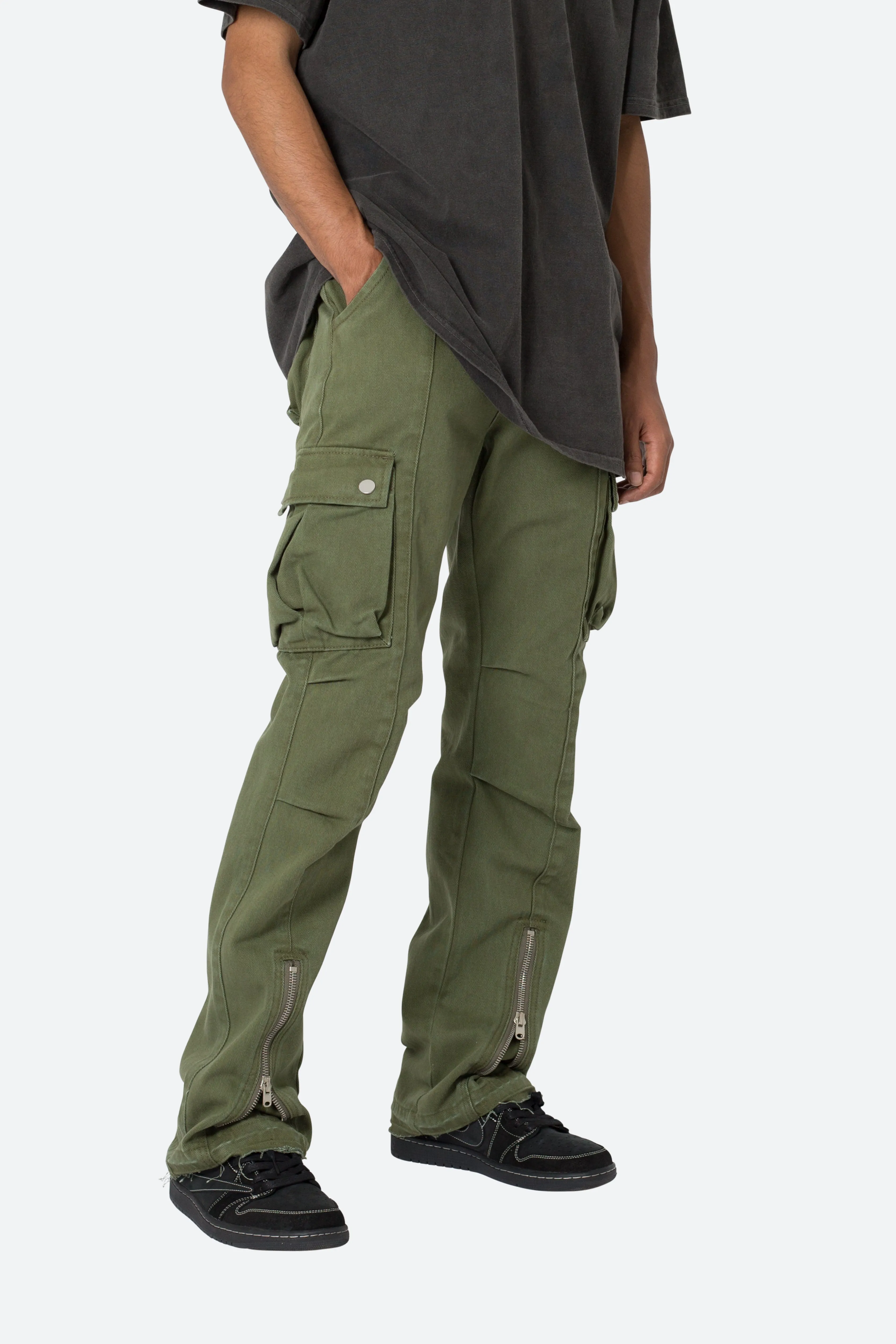 Front Zip Flare Cargo Pants - Olive