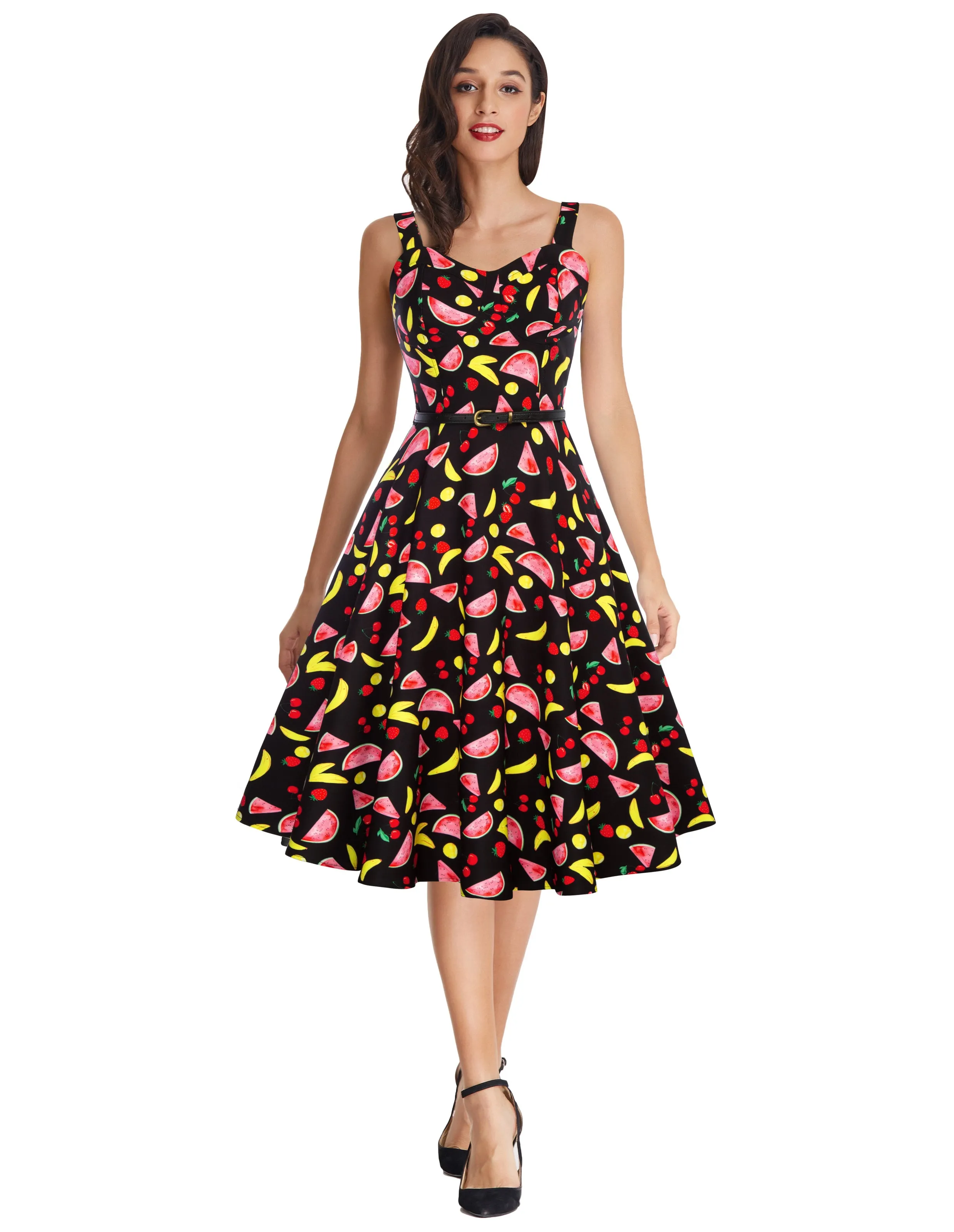 Fruit Print Sweetheart Neck Flared A-Line Dress with Belt