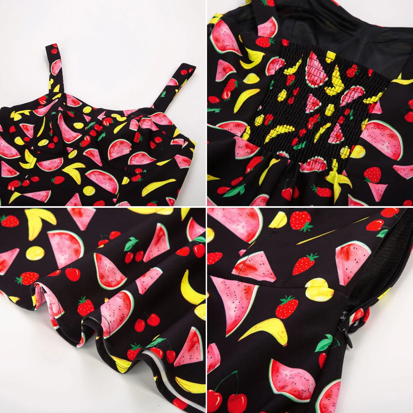 Fruit Print Sweetheart Neck Flared A-Line Dress with Belt