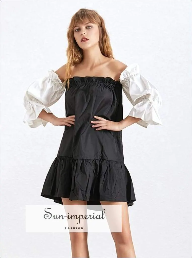 Gela Dress - Slash Neck off Shoulder a Line Dress Women Puff Sleeve Loose Hit Color Dress