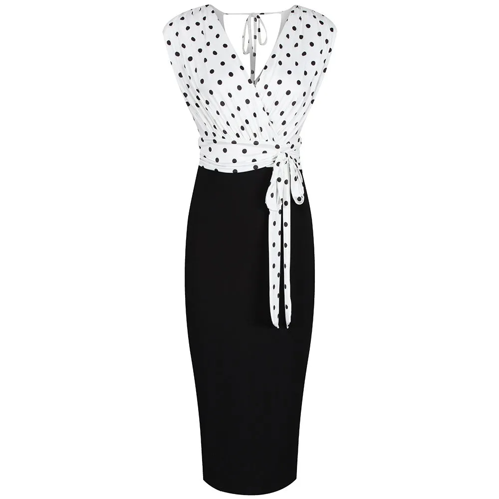 Ivory And Black Polka Dot Wrap Effect Bodycon Midi Dress