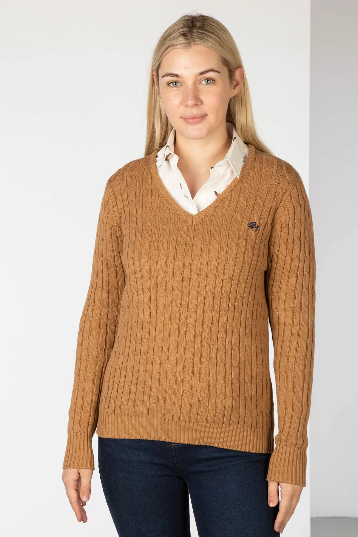 Ladies V Neck Cable Knit Jumper - Emma