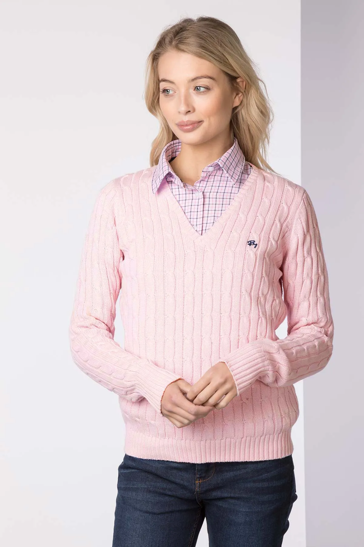 Ladies V Neck Cable Knit Jumper - Emma