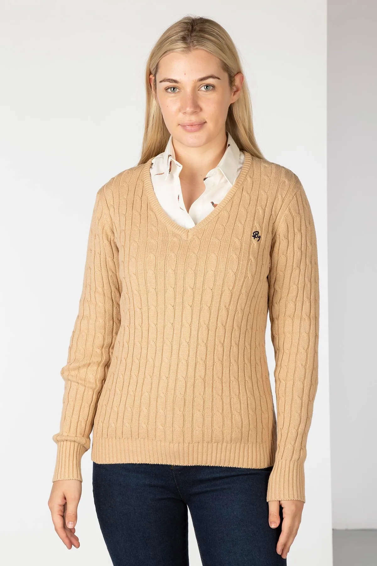 Ladies V Neck Cable Knit Jumper - Emma