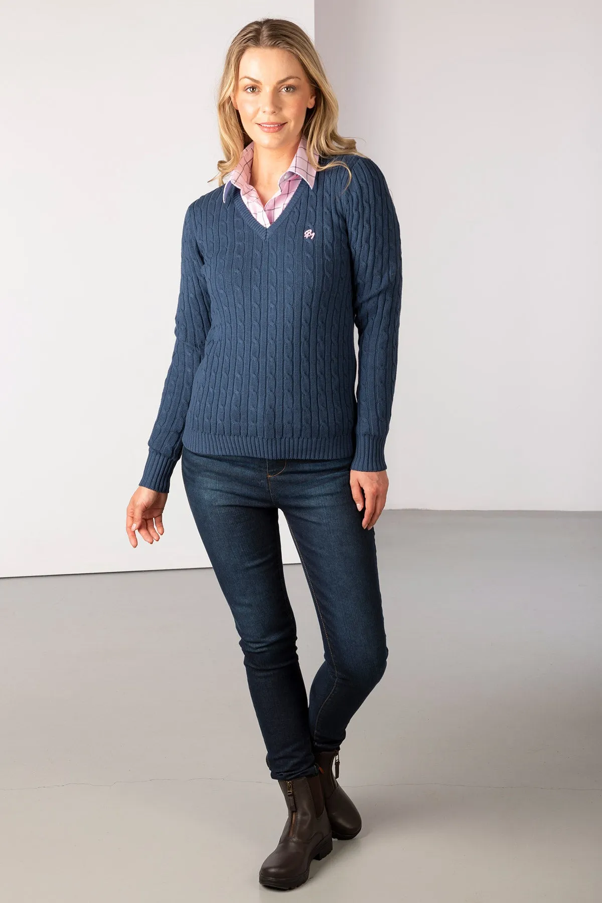 Ladies V Neck Cable Knit Jumper - Emma