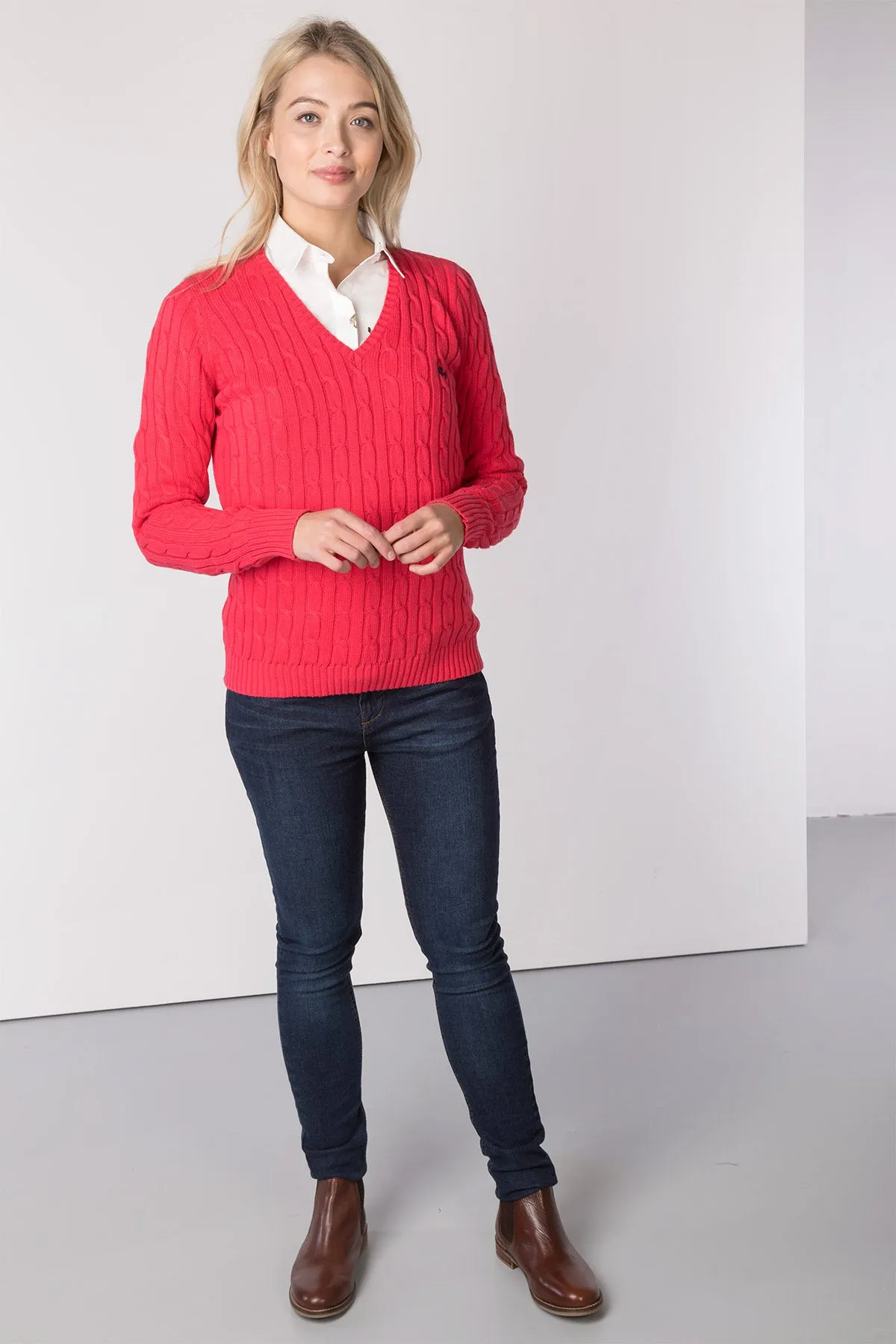 Ladies V Neck Cable Knit Jumper