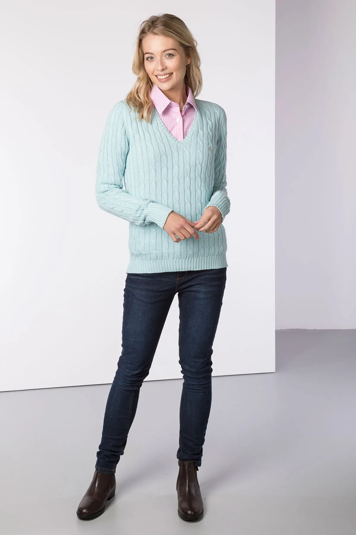 Ladies V Neck Cable Knit Jumper