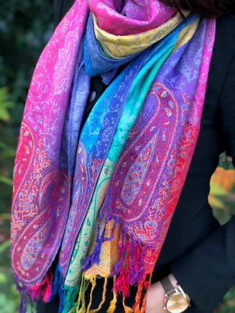 LARGE DARK MULTI-COLOUR PAISLEY PRINT PASHMINA SHAWL SCARF