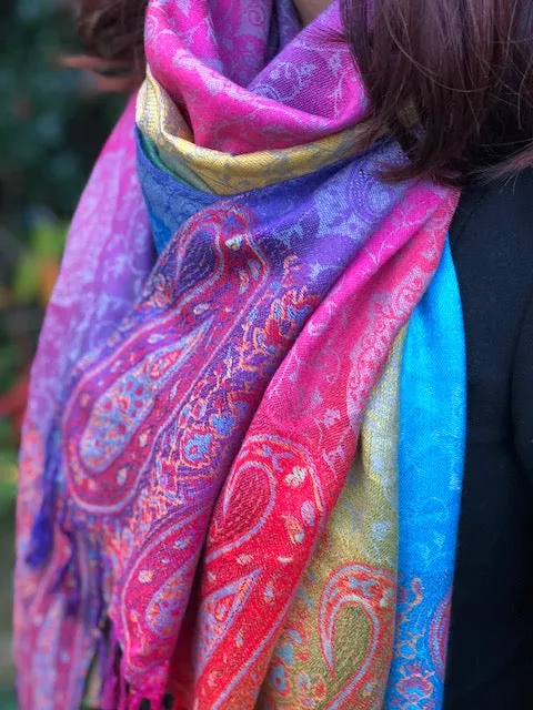 LARGE DARK MULTI-COLOUR PAISLEY PRINT PASHMINA SHAWL SCARF