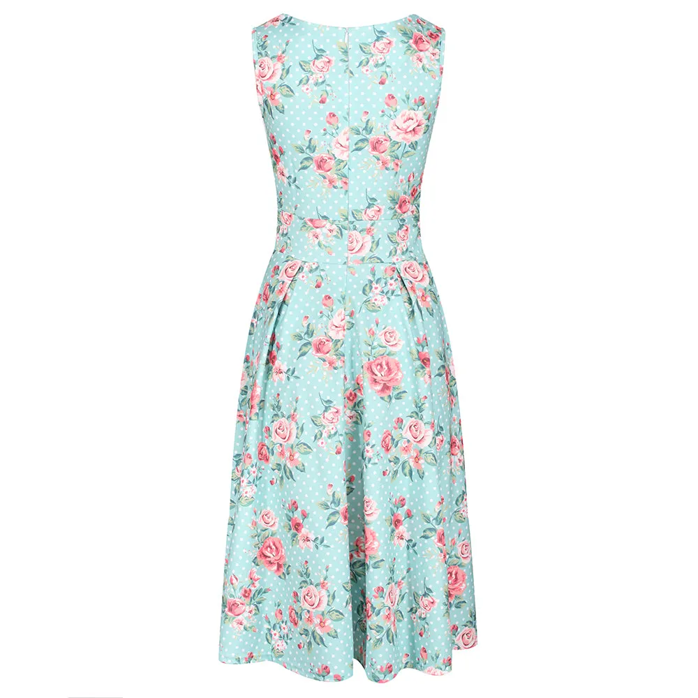 Light Aqua Blue Polka Dot Floral Classic Audrey Sleeveless Summer Dress