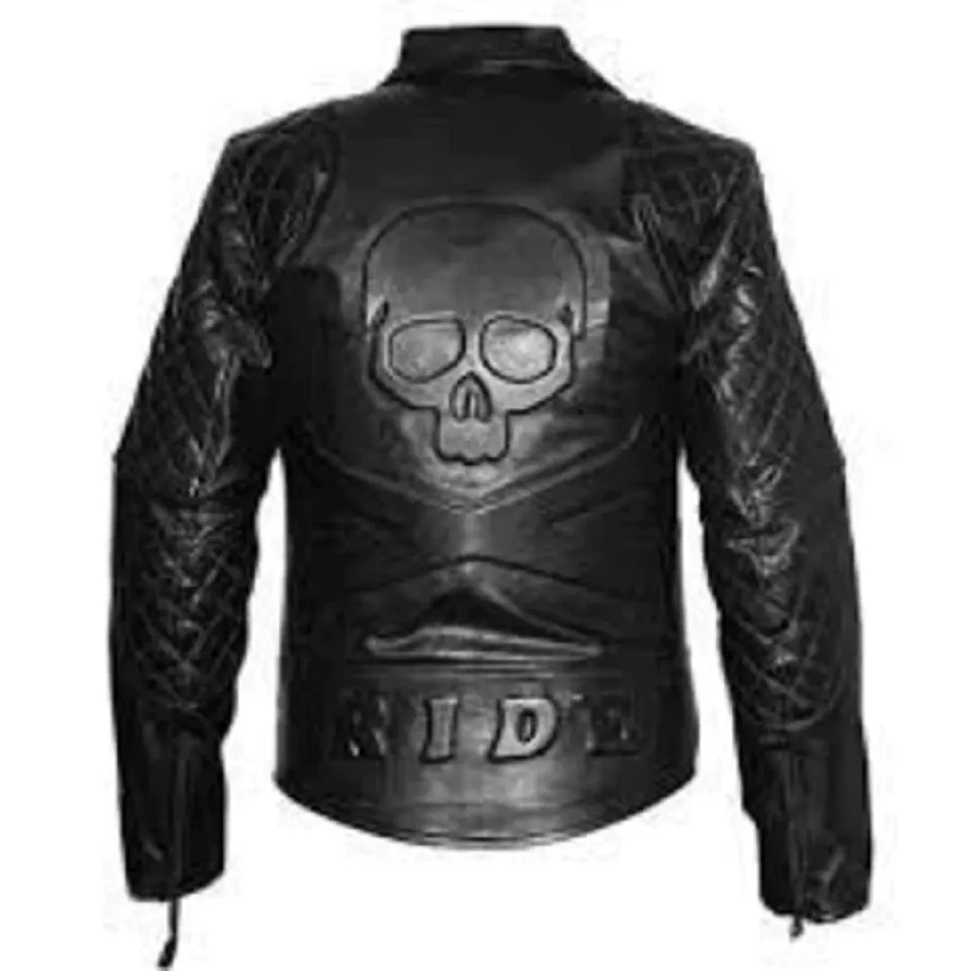 Men’s Black Classic Diamond Biker Leather Jacket With Skull