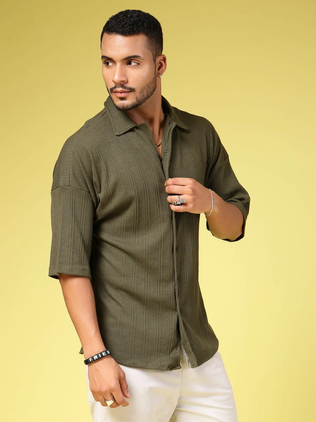 Men's Olive Ribbed Oversized Cuban Collar Shirt