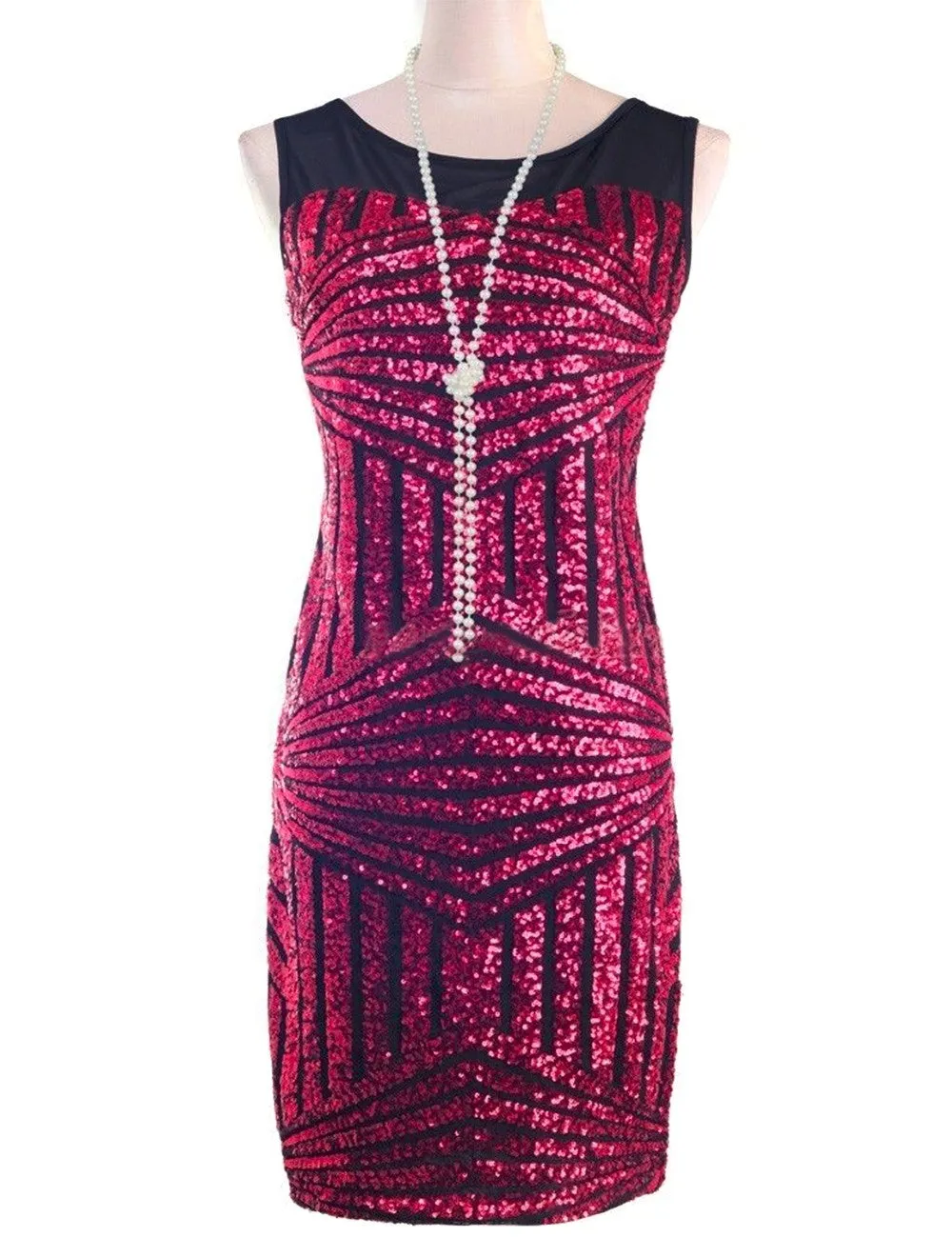 Mesh Insert Sequin Stripes Diamond Geometry Hollow Back