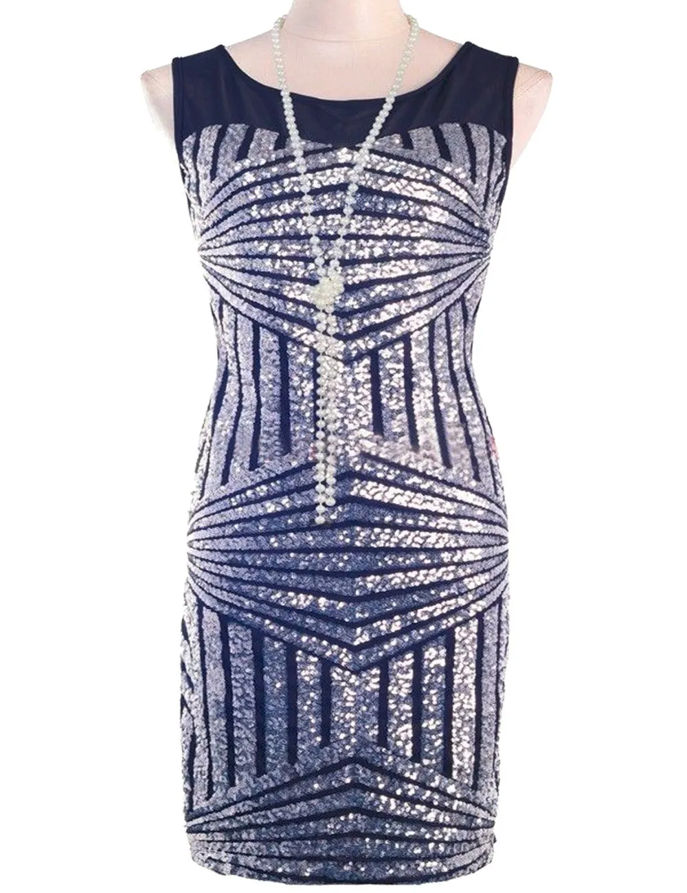 Mesh Insert Sequin Stripes Diamond Geometry Hollow Back