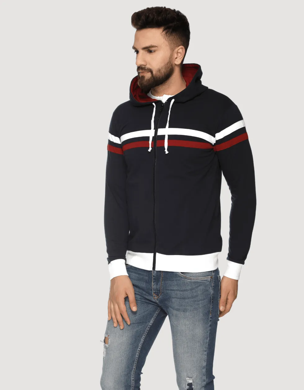 Navy Double Stripes Hooded Jacket