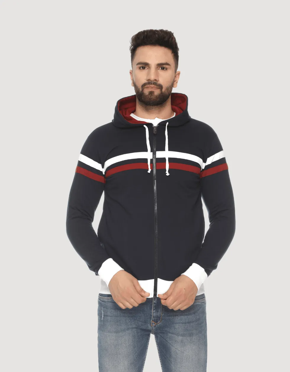 Navy Double Stripes Hooded Jacket