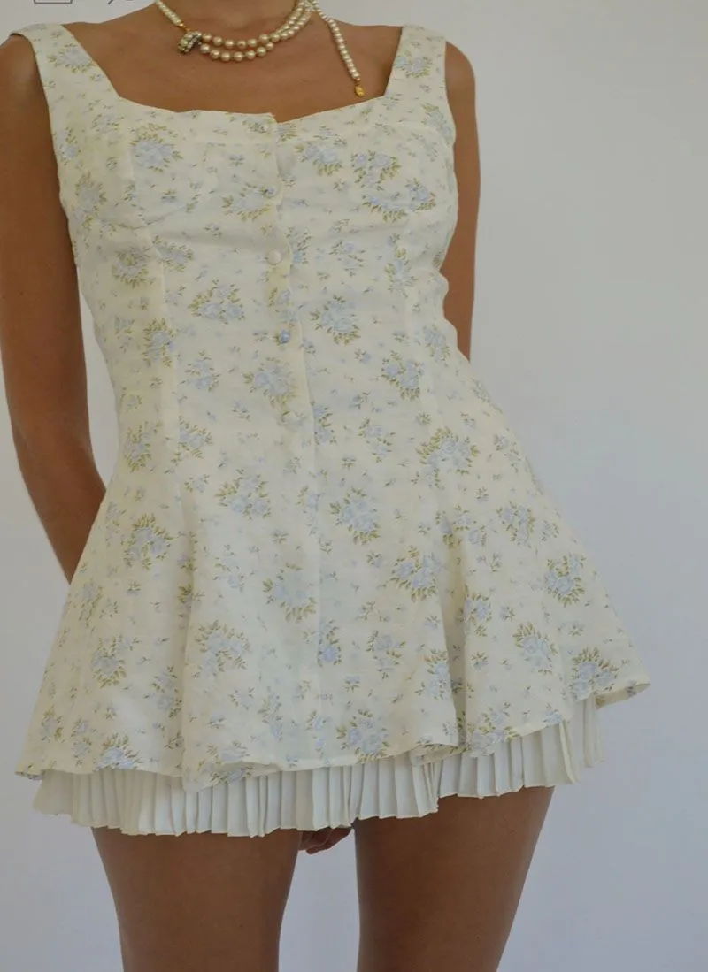 Pleated Skirt Underneath Retro Floral Iris Button Mini Dress