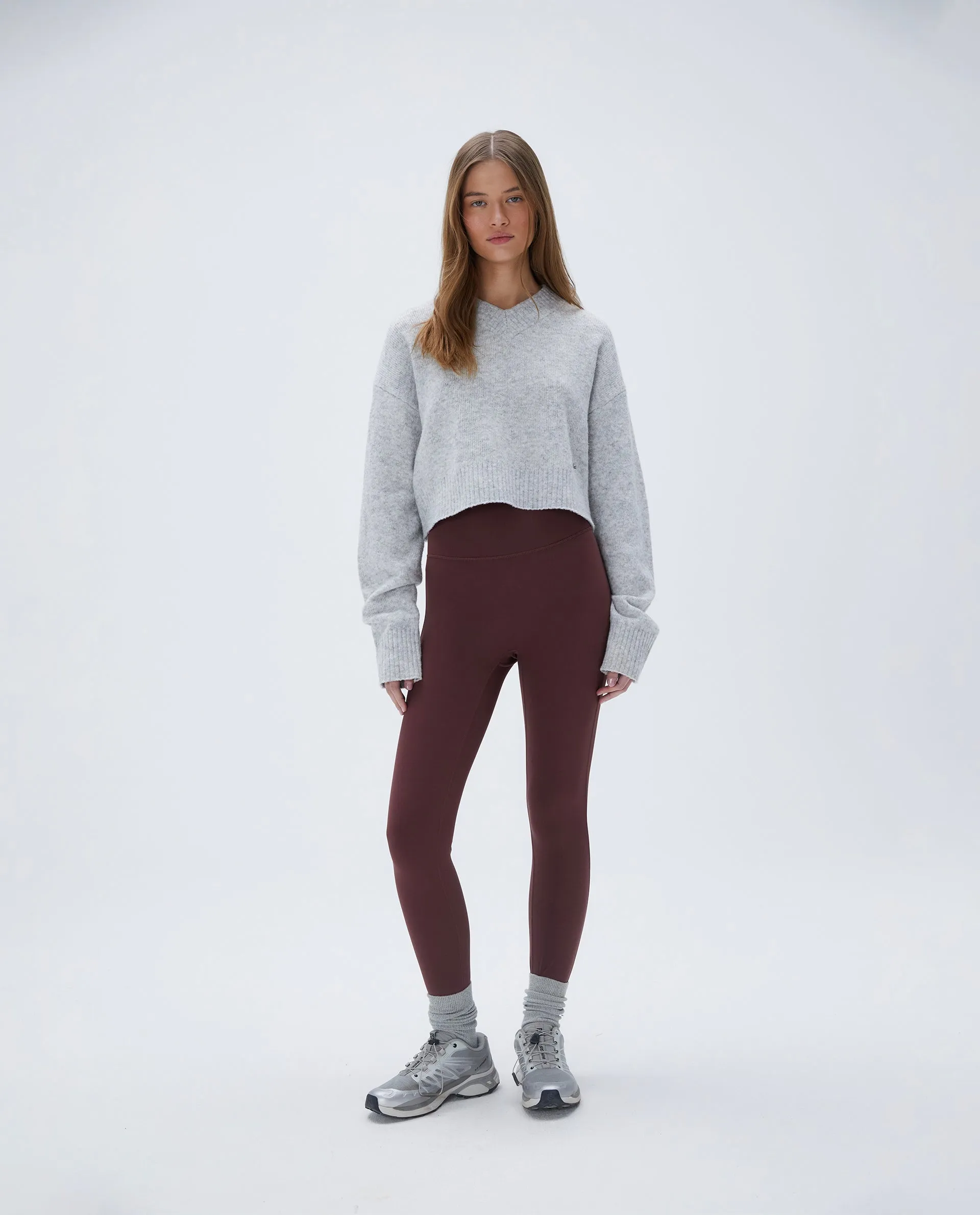 V Neck Knit Sweatshirt - Light Grey Melange