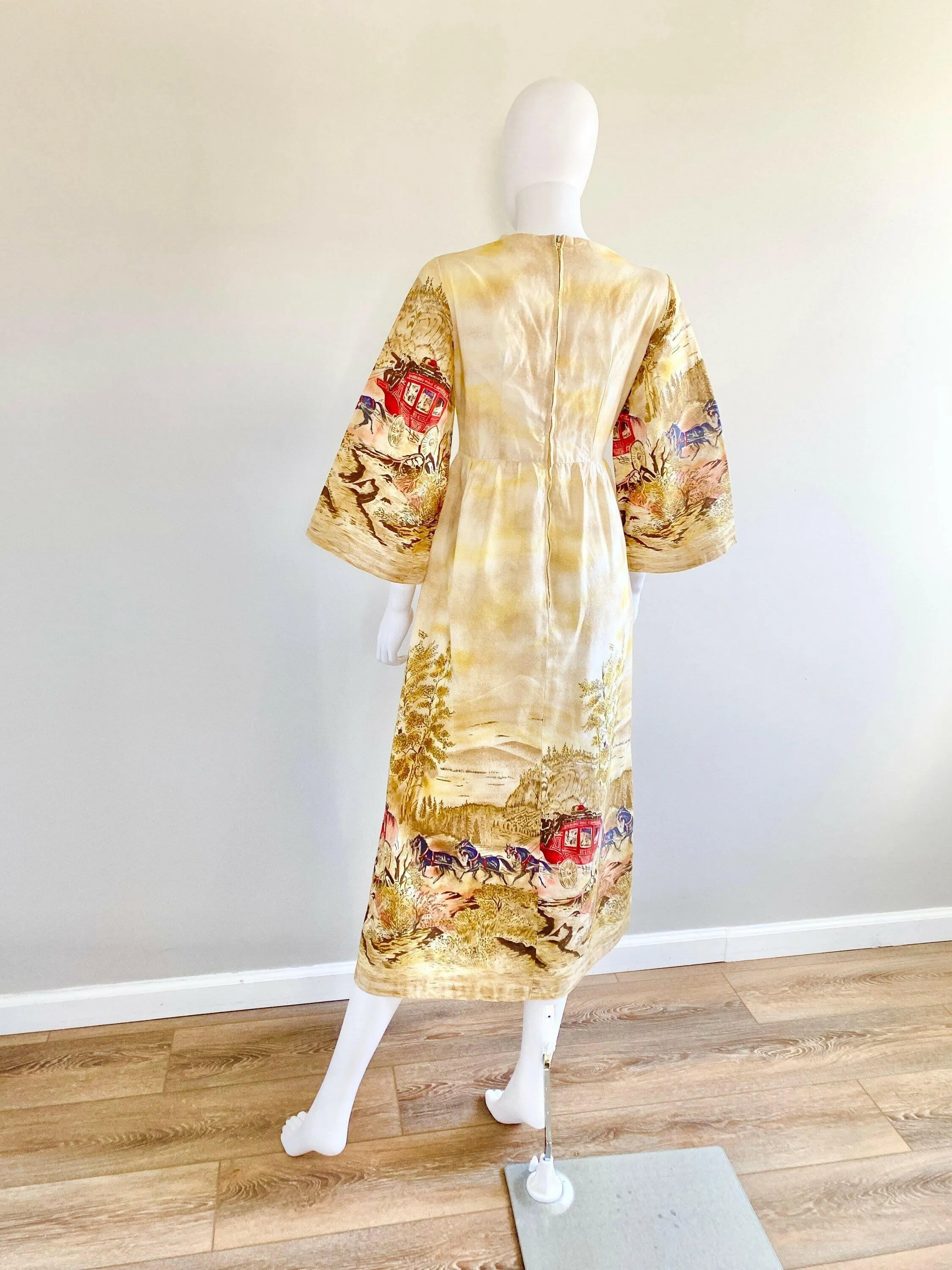 Vintage 1970s John Wolf Stagecoach Novelty Print Maxi Dress / 70s Retro cotton bell sleeve dress / Size S