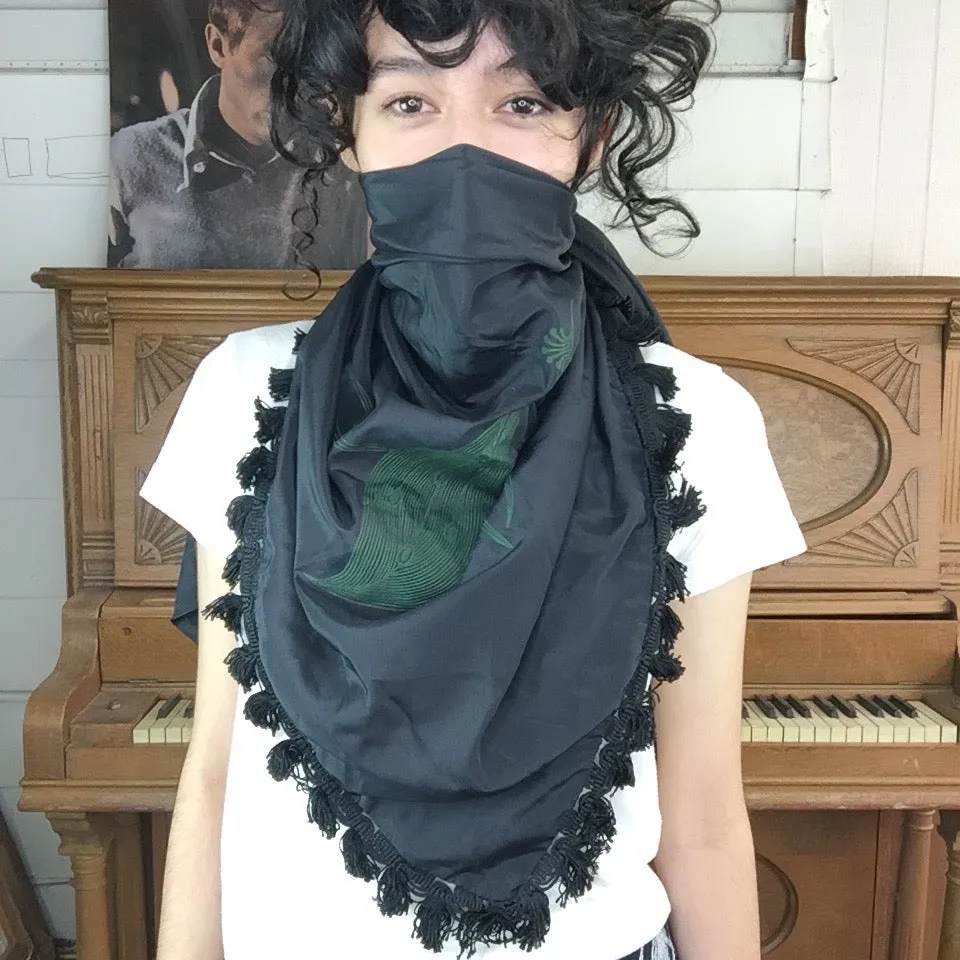 Vintage 50s 60s | Black Peacock Silk Fringe Boho Witchy Goth Scarf Shawl