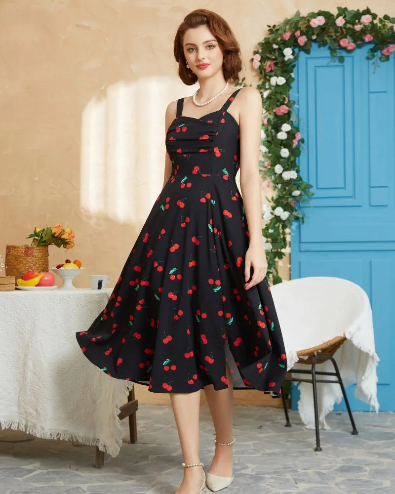 Vintage Floral Patterns Cocktail Dress Sleeveless Spaghetti Strap Ruched Slit A Line Swing Dress with Pockets