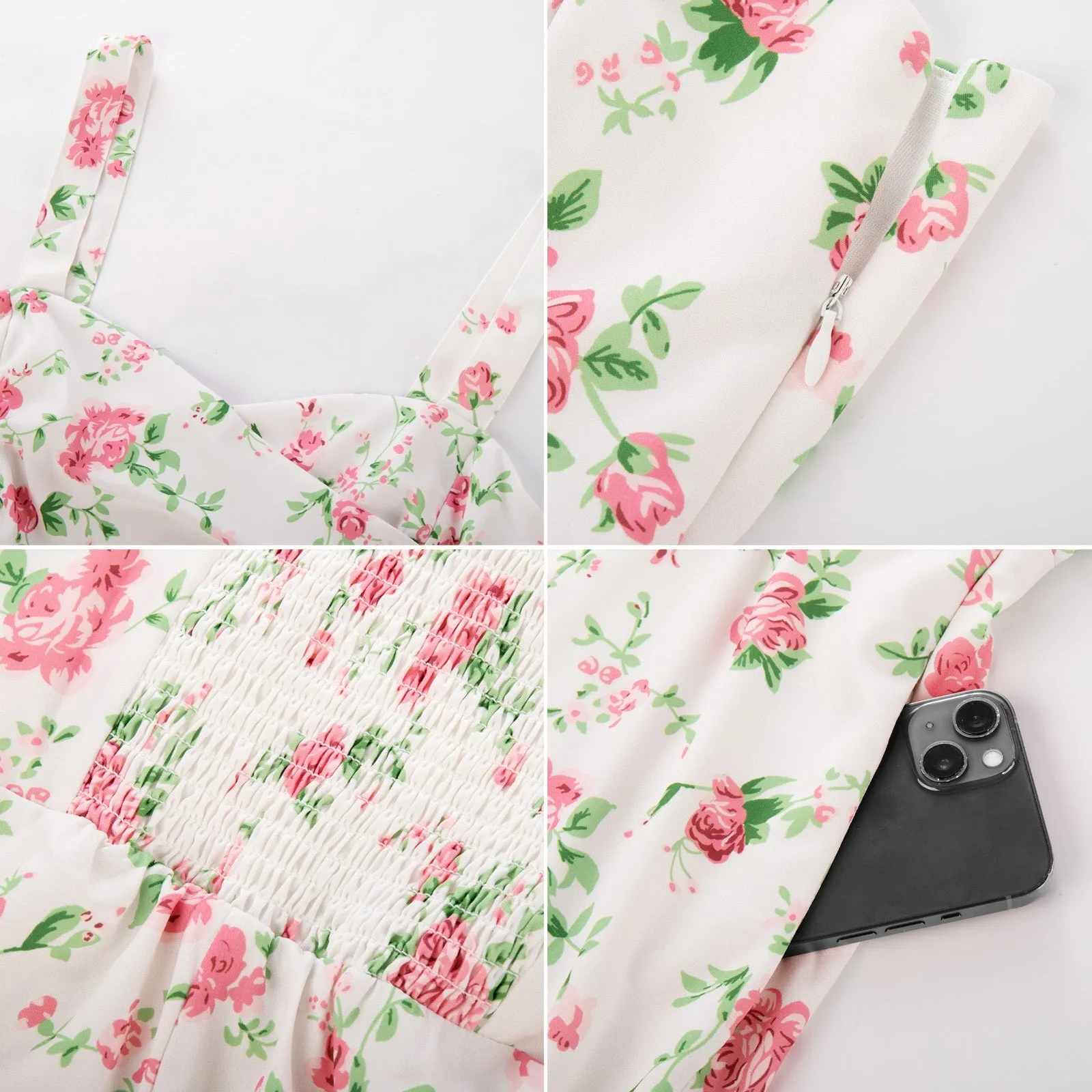 Vintage Floral Patterns Cocktail Dress Sleeveless Spaghetti Strap Ruched Slit A Line Swing Dress with Pockets